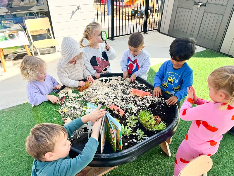 Children playing on sustainable wooden playground equipment at Little Stars